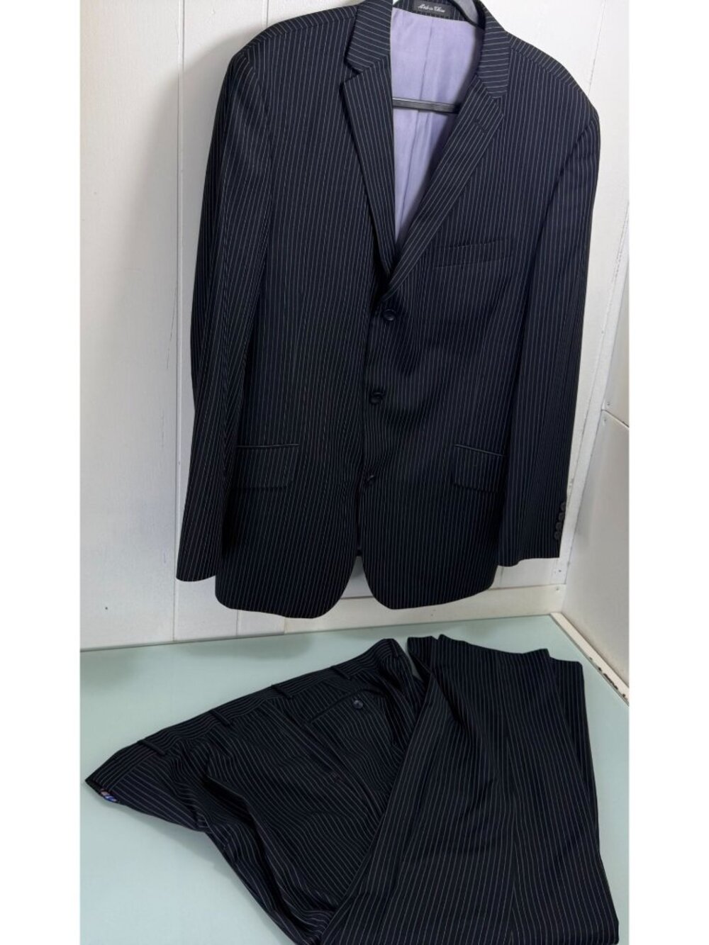 Billy London 2 Piece Suit Men 46R Blazer 40X32 Pants Black Pinstripe 3 Button
